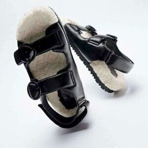 Zara Faux Leather Sherpa Buckle Sandals Chic Cozy Neutral Chunky Black White